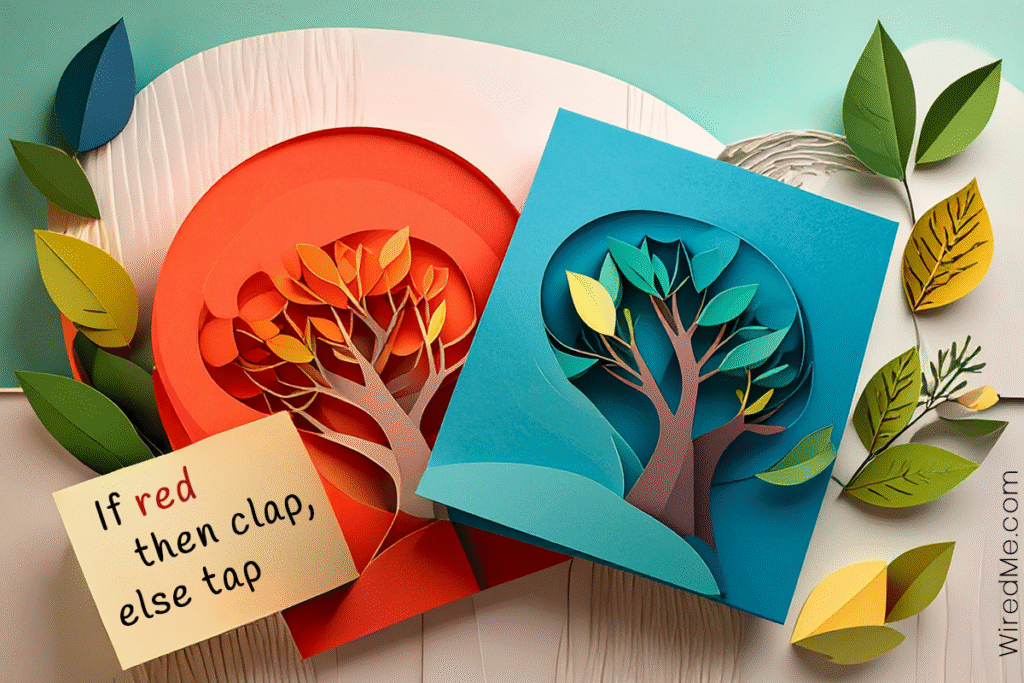 Conditionals for kids branching path with red and blue cards and note ‘If red then clap, else tap.’