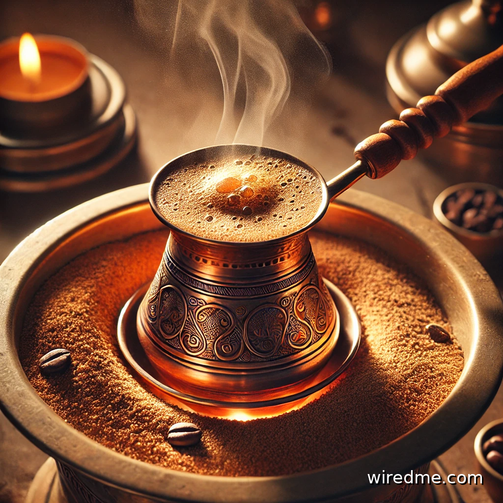 A traditional sand coffee brewing machine, with a cezve nestled in hot sand, slowly heating to create the perfect frothy Turkish coffee.