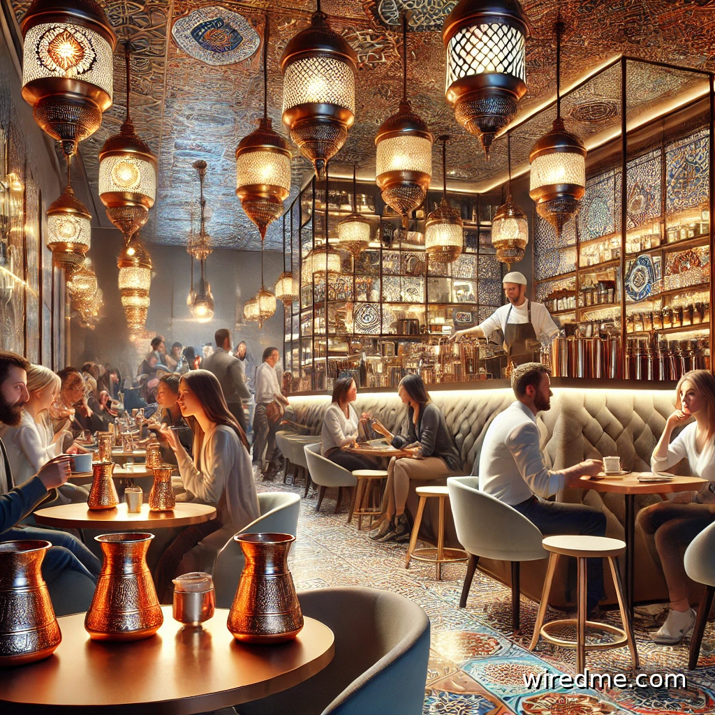 A modern coffee shop with diverse international customers enjoying Turkish coffee, blending Western and Turkish decor for a rich cultural experience.