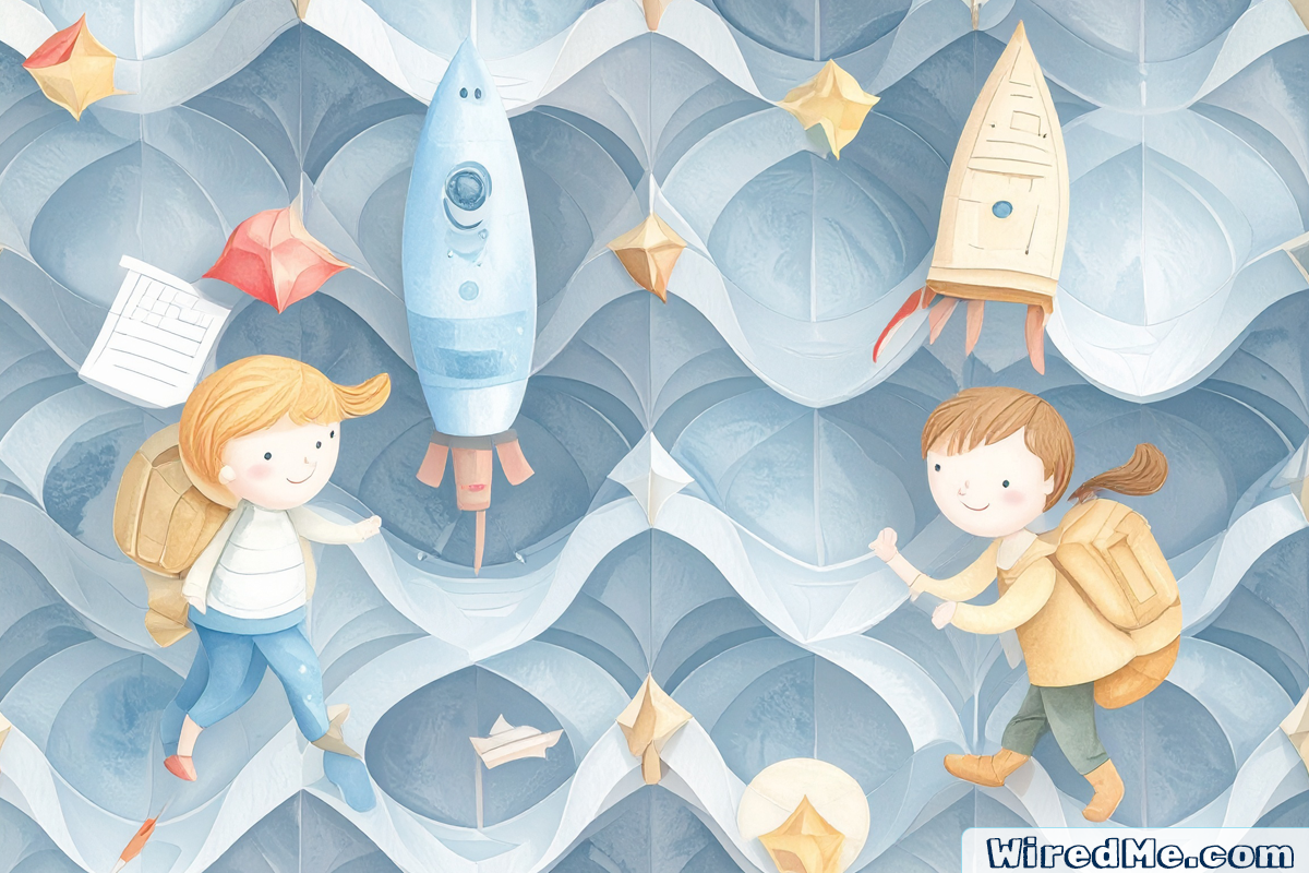 Two children with backpacks explore a whimsical coding-themed sky filled with rockets, code paper, and stars, representing a screen-free Hour of Code adventure.