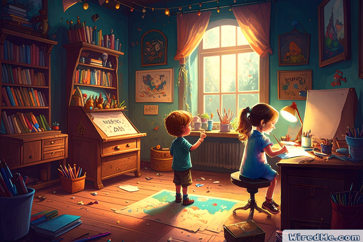 Children working on cyber safety activities in a cozy homeschool room filled with books, paper, and art supplies. A girl is drawing at a desk while a younger boy explores a map on the floor.