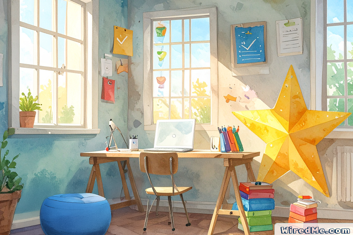 3D illustration of a room with desk and a laptop on it. There are word lists, and playful icons for kids.