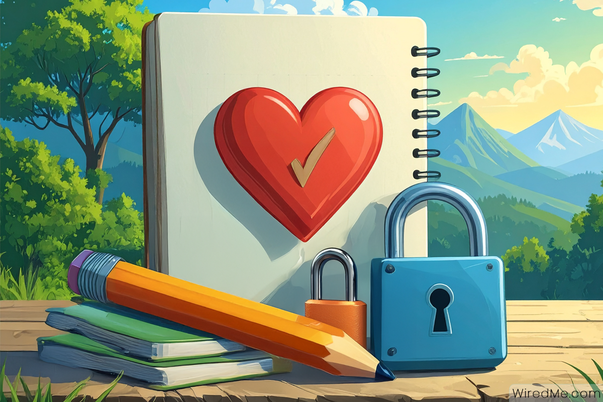 Notebook with heart, checkmark, and lock icons beside a pencil, suggesting Kind, Clear, Private checks.