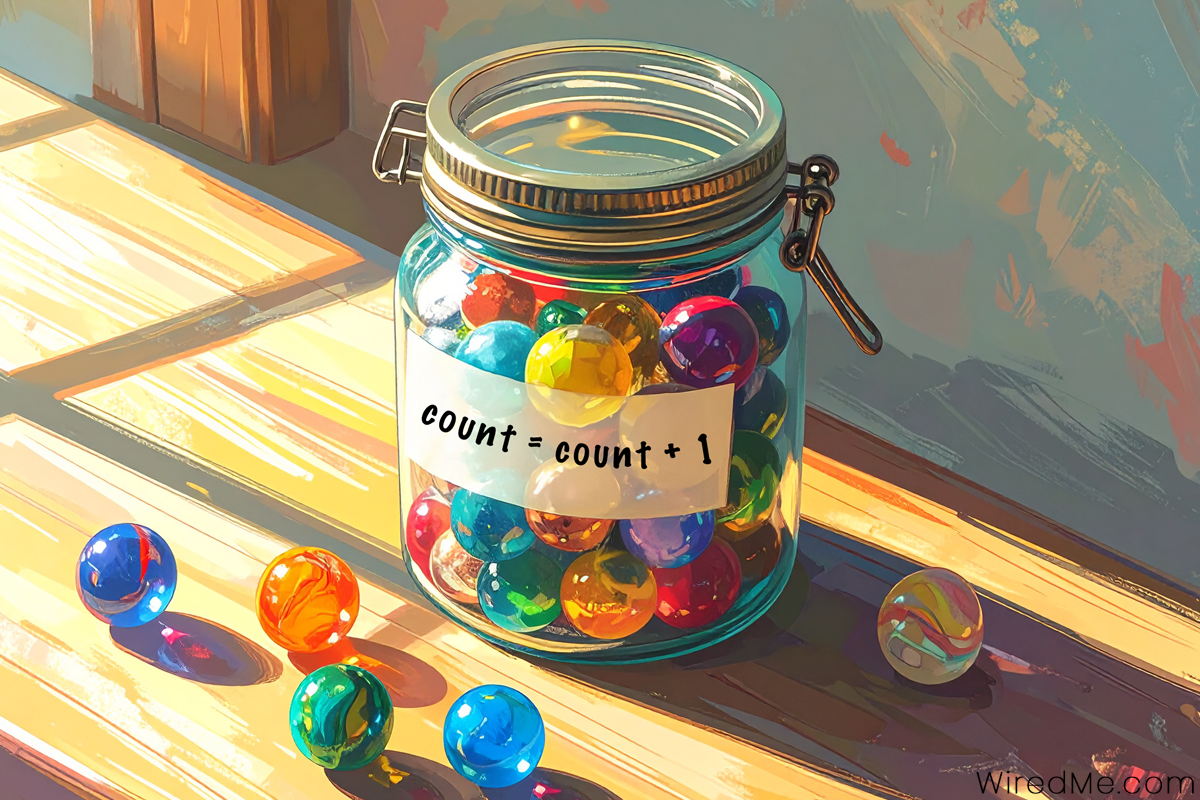 Jar labeled count with marbles to show a changing variable.