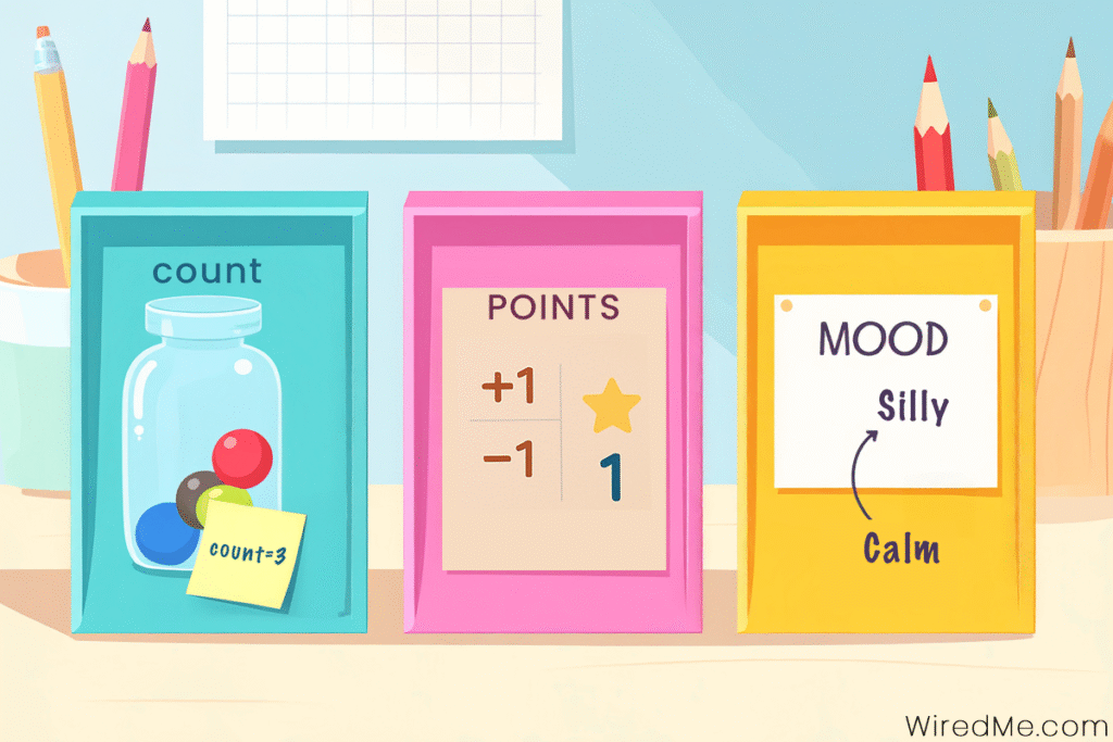 Variables for kids, Variables for kids: three tabletop cards in a classroom. Left card “count” shows a jar with three marbles and a sticky note reading count = 3. Middle "points" shows +1 and −1 with a star beside 1. Right "mood" shows calm changing to silly with a curved arrow. Pencils and grid paper in the background.