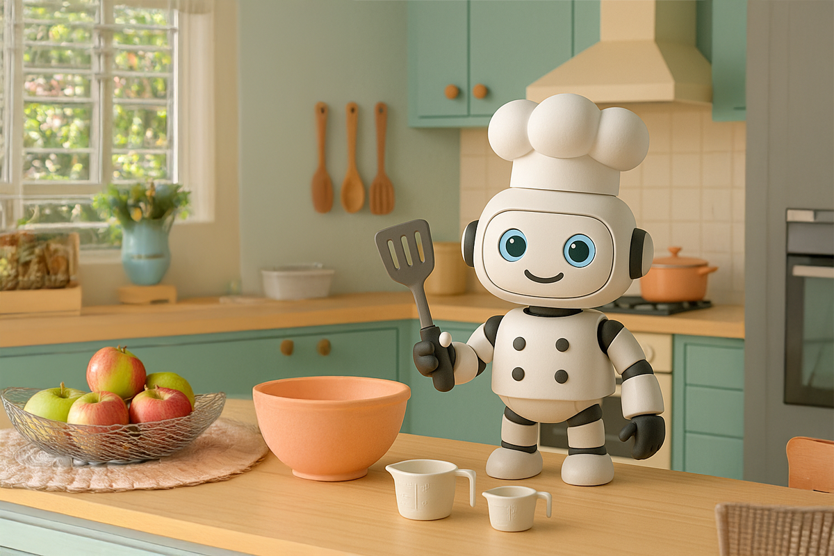 Friendly robot chef in a bright kitchen holding a spatula beside a mixing bowl and measuring cups, representing the Step-by-Step Cooking Algorithm worksheet.