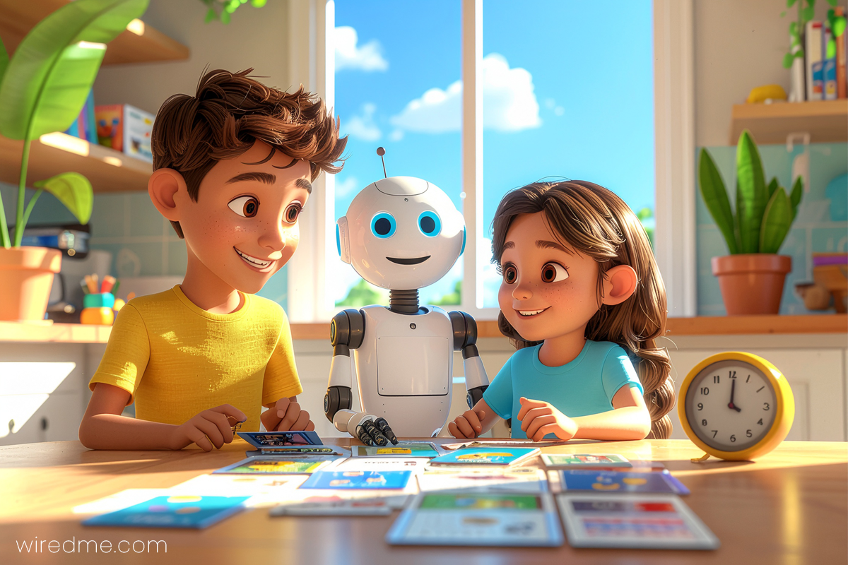 Family playing memory building games together at a table with cards and puzzles, surrounded by warm light and cheerful colors.